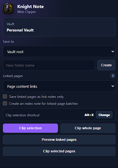 Knight Note web clipper extension popup