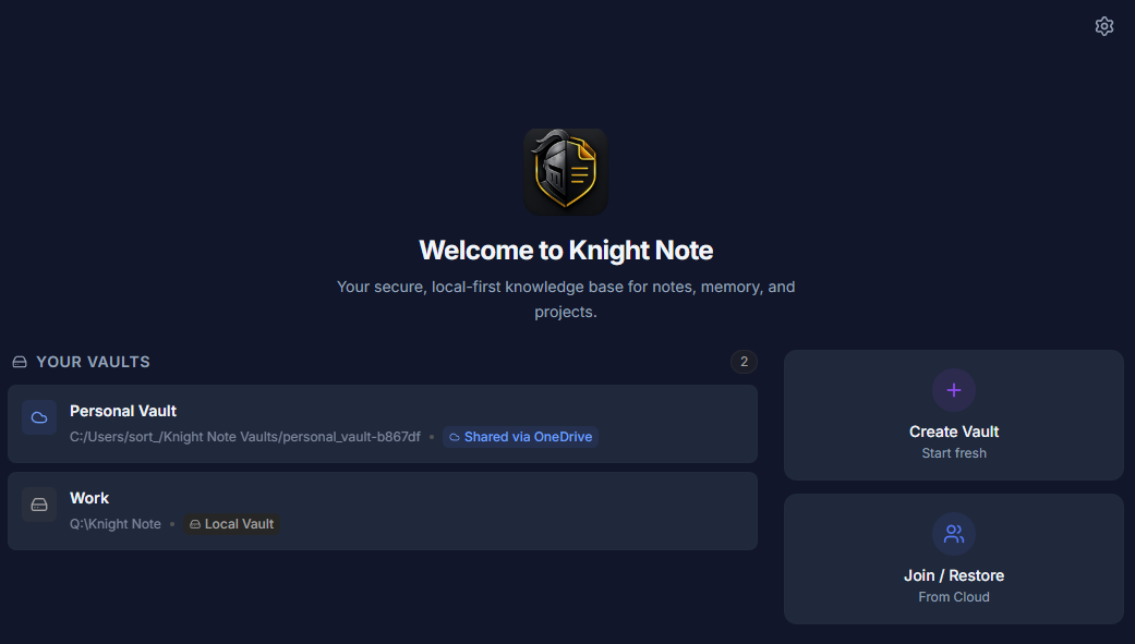 Knight Note main menu with vault choices