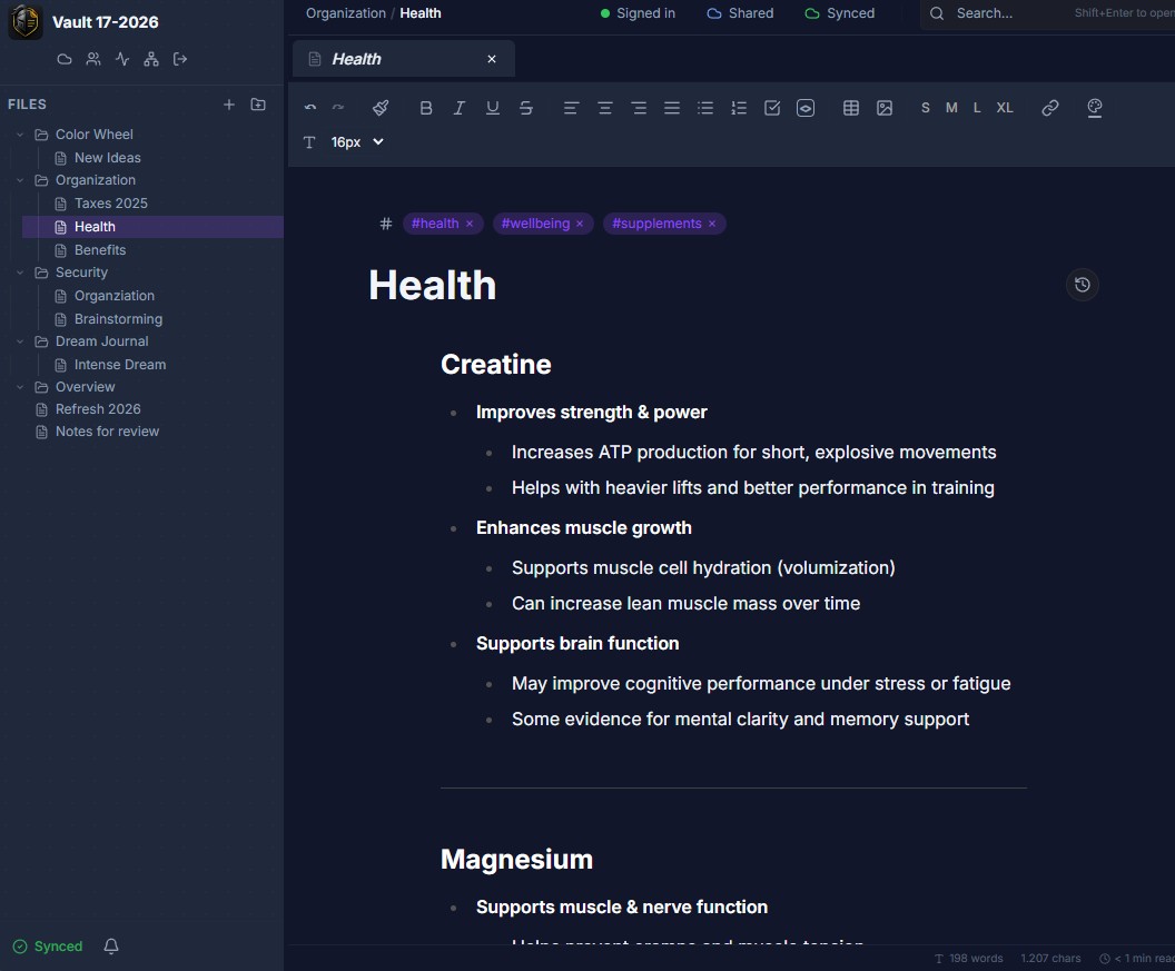 Knight Note desktop app showing a health note inside a local vault